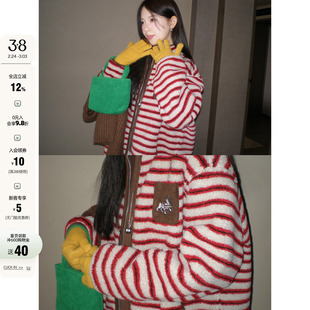 【现货】CCKOK冬季韩系复古红卡其条纹羔毛宽松休闲棒球服外套女