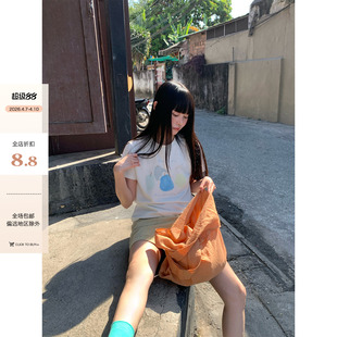 2026春夏新款 小众休闲设计白色T恤女 手绘雪梨印花正肩短袖 CCKOK