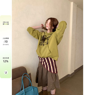 CCKOK 秋冬韩国气质时尚少女系古着动物印花连帽加绒宽松卫衣女