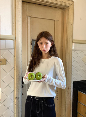 CCKOK 纯色简约正肩长袖打底T恤2025秋季新款内搭外穿套头上衣女