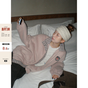 美式 拼格纹毛呢棒球服休闲外套秋季 CCKOK 复古运动夹克女 现货