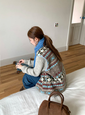 CCKOK 1105/10:00 韩系少女甜美温柔复古费尔岛提花羔毛马甲女