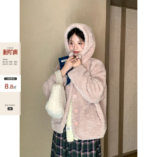 韩系通勤穿搭 冬季 淡粉色毛绒连帽厚实保暖外套上衣女 现货