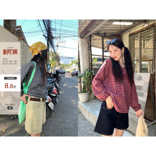 宽松减龄格子套头衫 上衣2026春夏新款 女 肌理感格纹绑带长袖 CCKOK