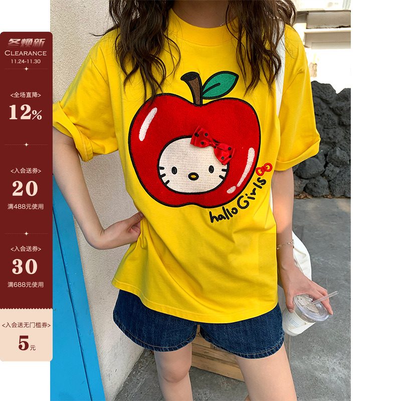 【现货】大苹果卡通猫毛巾绣宽松T恤2025夏季韩版小众减龄短袖女