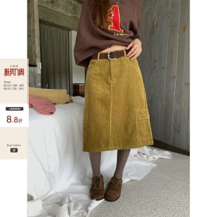 秋冬韩系少女风简约气质厚实灯芯绒后开叉中长裙 CCKOK 现货