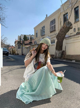 CCKOK 薄荷绿镂空钩花半身裙2026夏季新款ins风盐系少女中长裙