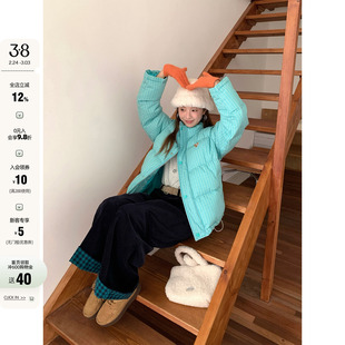 CCKOK秋冬韩国气质通勤时尚薄荷蓝绿小格纹手塞棉保暖棉服外套女