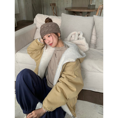 CCKOK纯色双面穿毛绒连帽外套