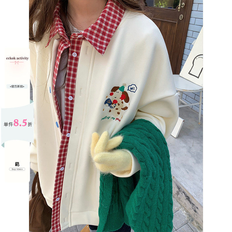 CCKOK 假两件加绒卫衣外套2025冬季新款学院风小众设计加厚夹克女