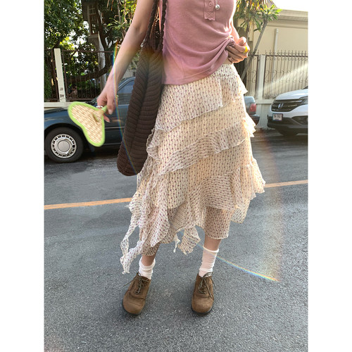 CCKOK不规则荷叶边雪纺蛋糕裙