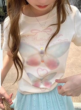 CCKOK 梦幻蝴蝶印花立体修身正肩T恤2026夏季新款盐系少女短袖女