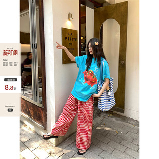 宽松显瘦短袖 CCKOK 美式 新款 女 西红柿印花宽松湖蓝色T恤2026夏季