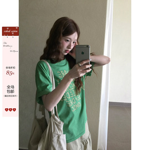 CCKOK 抹茶绿字母宽松T恤2026夏季新款复古宽松休闲小清新短袖女