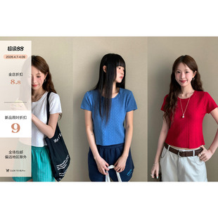 CCKOK 0407 上衣 纯色小镂空提花针织短袖