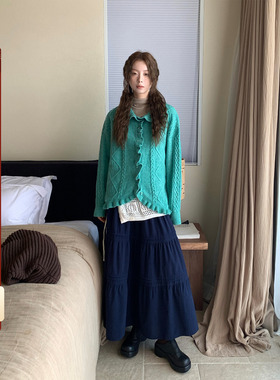 CCKOK 冬季韩系穿搭薄款荷叶卷边麻花绿色针织毛衣开衫外套上衣女