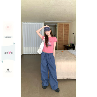 CCKOK 洗水棉抽绳阔腿休闲裤2026夏季新款宽松显瘦直筒工装裤女薄