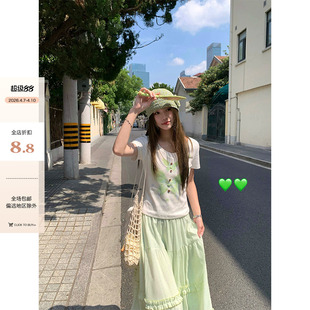 新款 CCKOK 绿精灵蝴蝶印花V领修身 T恤2025夏季 女 小众设计白色短袖