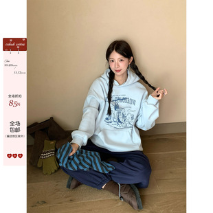 CCKOK韩系通勤穿搭 冬季古着vintage印花连帽加绒保暖卫衣女