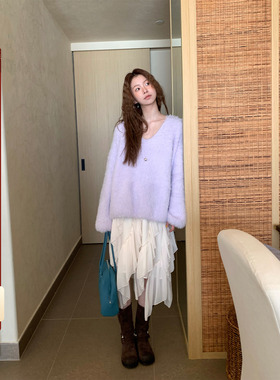 CCKOK 秋冬韩系气质高级感少女通勤风V领仿貂毛柔软慵懒感毛衣女