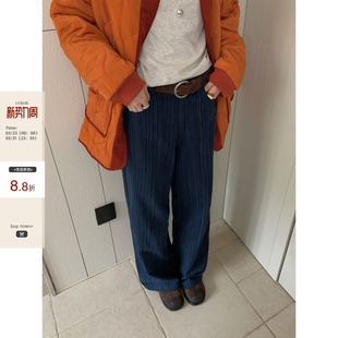 肌理感竖条纹休闲长裤 CCKOK 秋季 美式 女 复古直筒阔腿裤 现货