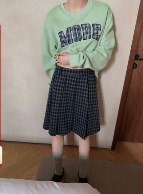 【现货】CCKOK 毛呢磨毛小格纹百褶中裙秋季藏蓝色格子半身短裙女