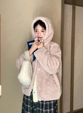 CCKOK 冬季韩系通勤穿搭 淡粉色毛绒连帽厚实保暖外套上衣女