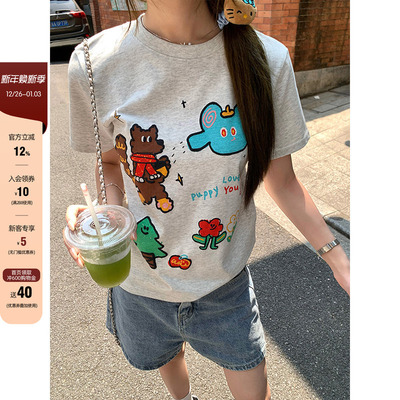 【现货】手绘童趣图案印花正肩T恤2025夏季减龄小众设计短袖女