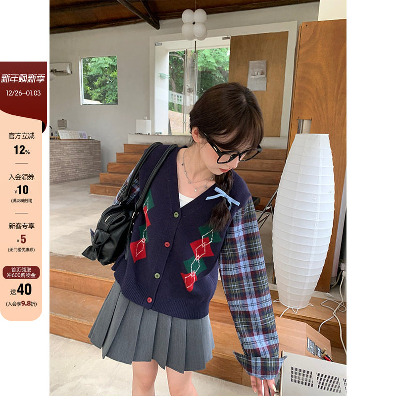 【现货】CCKOK 复古学院风V领毛衣开衫2025新款秋季减龄外套女