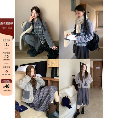 CCKOK 冬季韩系穿搭保暖 重工雪尼尔拼格纹毛绒双面穿外套女