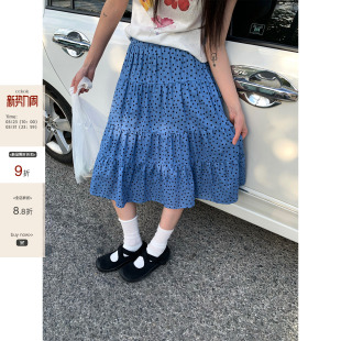 法式 新款 复古100%棉垂感中长裙 波点蓝色半身蛋糕裙2026夏季 CCKOK