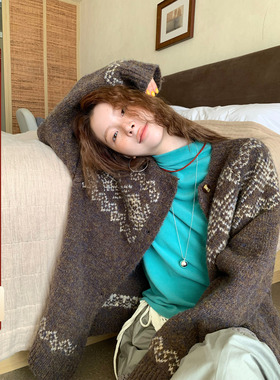 CCKOK 冬季韩系气质 通勤 费尔岛复古提花混纱宽松针织开衫女上衣