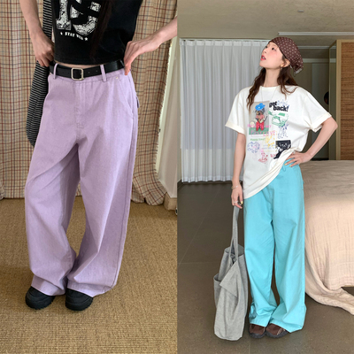 纯色洗水棉阔腿裤直筒工装休闲裤