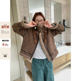 厚实保暖皮毛一体机车外套秋冬摩卡棕色甜酷夹克女 CCKOK 现货