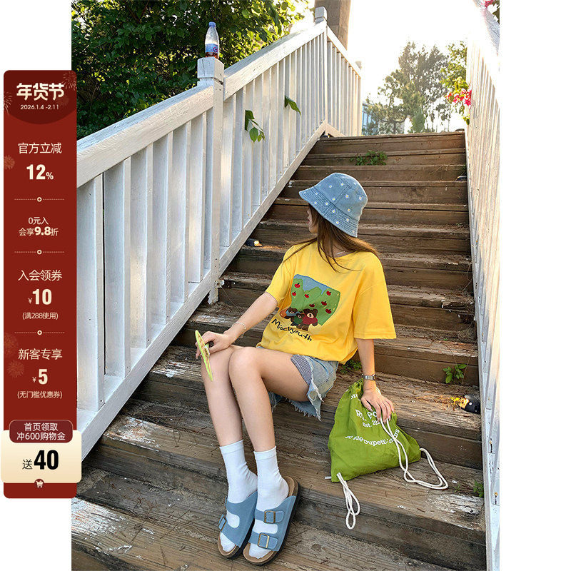 【现货】CCKOK 手绘小熊印花苹果刺绣T恤夏季卡通减龄设计短袖女,女装/女士精品,T恤,淘宝优惠券,粉丝福利购,淘宝优惠卷