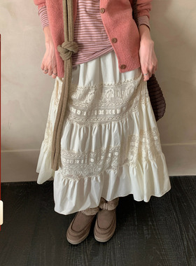 CCKOK 秋冬新品韩系少女通勤气质 杏色拼接钩花蕾丝蛋糕长裙女