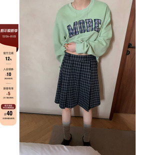 藏蓝色格子半身短裙女 新款 CCKOK 毛呢磨毛小格纹百褶中裙2025秋季