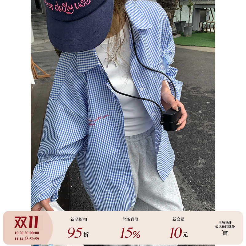 【现货】CCKOK 丝带蝴蝶结细格纹宽松衬衫春季小众格子衬衣外套女