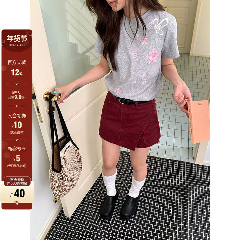 CCKOK 蝴蝶星星刺绣手缝装饰正肩T恤2025夏季新款小众设计短袖女,女装/女士精品,T恤,淘宝优惠券,粉丝福利购,淘宝优惠卷