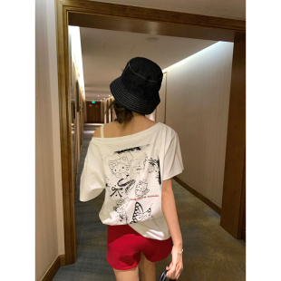 露肩小猫短袖 新款 女 卡通印花烫钻字母大领斜肩T恤2025夏季 CCKOK