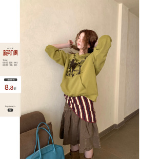 CCKOK 少女系古着动物印花连帽加绒宽松卫衣女 秋冬韩国气质时尚