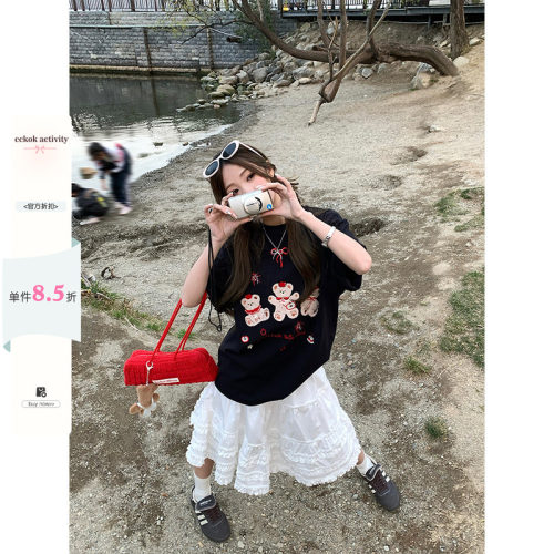 CCKOK重工毛巾绣小熊宽松T恤夏季减龄小众慵懒设计短袖女