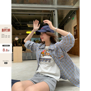 夏季 腊肠狗刺绣轻薄格纹衬衫 CCKOK 宽松Polo领格子衬衣女 现货