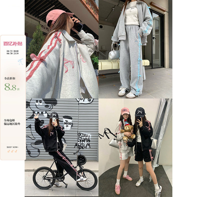 CCKOK 丝绒蝴蝶结卫衣外套两件套装2025冬季学院休闲运动半身裙女