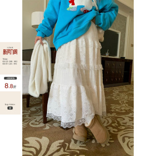 CCKOK a字不规则小众半身裙女 蕾丝毛绒感半身蛋糕中长裙2026春季