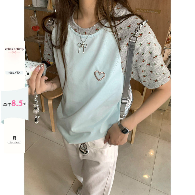 CCKOK 双版本碎花插袖T恤甜美别致减龄套头短袖上衣女夏