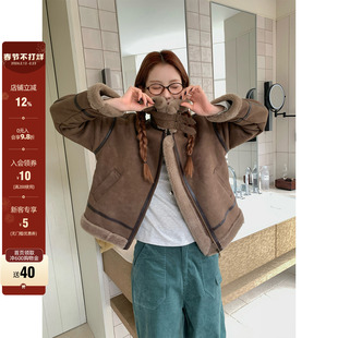 【现货】CCKOK 厚实保暖皮毛一体机车外套秋冬摩卡棕色甜酷夹克女