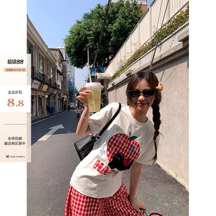 CCKOK 新款 显瘦白色短袖 女 毛巾绣小黑猫格纹苹果正肩T恤2025夏季