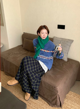 CCKOK  冬季新品韩系穿搭气质通勤  百搭磨毛墨绿格纹半身长裙女