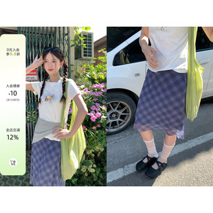 CCKOK 透感网纱紫色格纹中裙2026春夏新款小众包臀设计格子半身裙